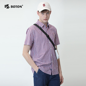 波顿2024夏季新款男士英伦风格子短袖纯棉衬衫商务休闲高端衬衣