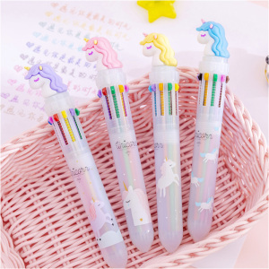 韩国创意卡通彩虹独角兽10色按动圆珠笔 学生多功能手账笔多彩笔