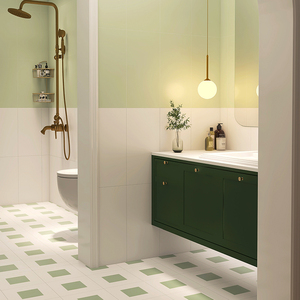 牛油果绿卫生间瓷砖奶白色诧寂风浴室小清新花砖厕所防滑耐磨地砖