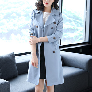 九新鹿歌2019春季新款双排扣时尚蓝色收腰风衣外套女