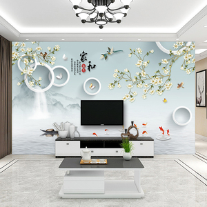 新中式电视背景墙墙布壁纸客厅影视墙纸玉兰花鸟壁布山水卧室壁画
