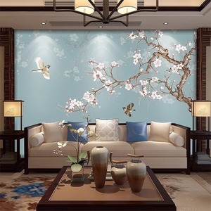 新中式手绘玉兰花背景墙布8D墙纸工笔花鸟定制客厅沙发影视墙壁画
