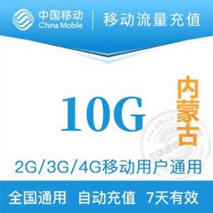 内蒙古移动10G流量 7天有效 自动充值 联系客服送1G日包