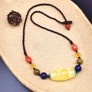 天然琥珀蜜蜡鸡油黄桶珠天珠百搭款锁骨链项链吊坠原创设计正品