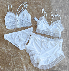 法式复古性感绑带挂脖美背内衣内裤镂空白色全蕾丝荷叶边两件套装