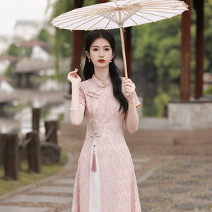 新中式蕾丝奥黛日常改良旗袍2024新款夏季年轻款女国风复古连衣裙