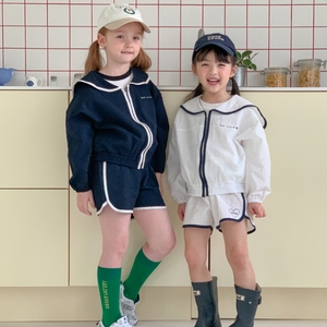 韩国童装代购MOMO ANN女童宝宝洋气拼色翻领外套短裤休闲新套装