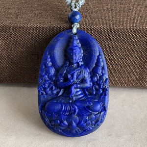 千蕊天然青金石观音菩萨阿弥陀佛吊坠 项坠 原石 艳蓝毛衣链实物