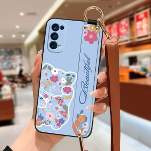 oppor17手机壳新款女可爱r17pro花猫腕带reno4液态硅胶4pro全包镜头