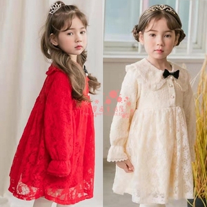 韩国童装女童COCORIBBON2019冬季新宝宝蕾丝荷叶领娃娃加绒连衣裙