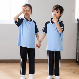 幼儿园园服班服夏季蓝色儿童小学生短袖T恤学院风校服运动会服装