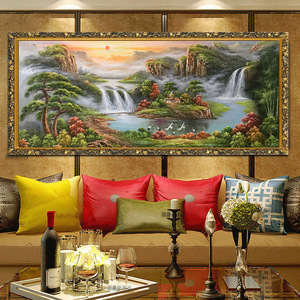 聚宝盆流水生财高档手绘油画 客厅装饰画山水风景油画办公室挂画