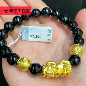 周大福amy全球999足金黄金元宝貔貅转运珠金珠黑玉髓串珠手链男款