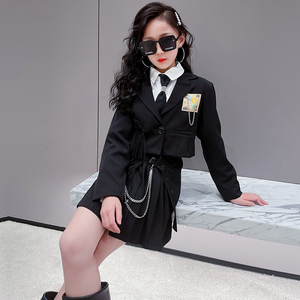 女童西装套装春秋2021秋季新款洋气时髦jk制服裙黑色走秀个性潮服