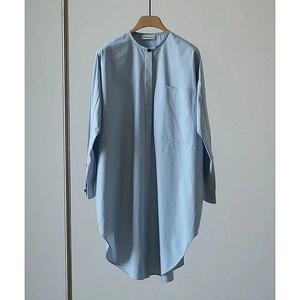 专柜撤柜设计感蓝色中长款衬衫女春夏法式衬衣醋酸绸缎面真丝上衣