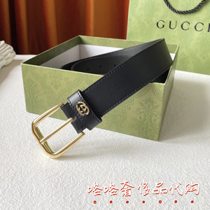 GUCCI/古驰 饰互扣式双G方形搭扣腰带 黑色 牛皮革 百搭 男士皮带