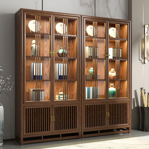 新中式家具白蜡木书柜玻璃家用储物柜仿古实木酒柜书橱胡桃色定制