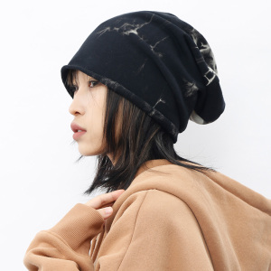 月球上的人 秋冬扎染黑色堆堆帽子男女潮流百搭保暖护耳毛线冷帽