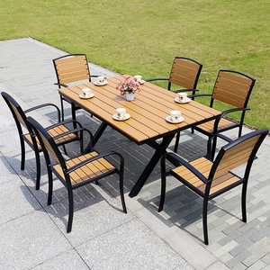 室外院子花园别墅塑木桌子铁艺露天防晒长条桌户外奶茶店桌椅组合