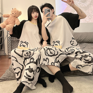 情侣连体睡衣女夏季短袖纯棉网红ins风可爱大熊大码男士家居服薄
