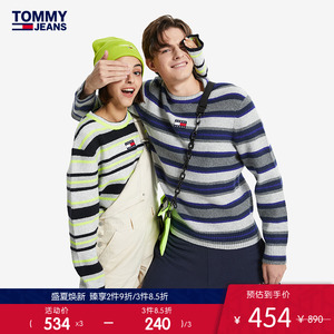 tommy 男女同款潮流刺绣旗标拼色条纹宽松套头毛衣针织衫11342