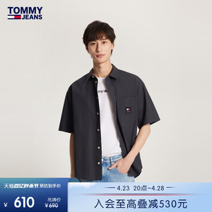 Tommy 24新款春季男装纯棉复古工装风刺绣方标宽松短袖衬衫18885