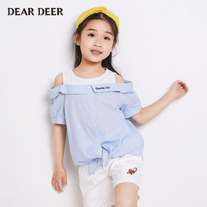 22新款韩版儿童洋气大翻领条纹短袖衬衫宝宝棉麻上衣那片蓝海蓝36