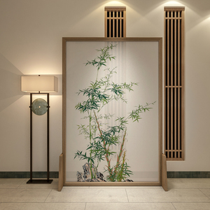 新中式屏风隔断客厅入户进门正对绿植遮挡国竹子实木质玄关2024款