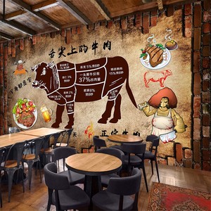 牛肉馆背景墙纸餐厅饭店3d个性创意潮汕火锅店墙面装饰画牛排壁纸