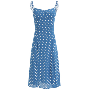 纯欲风蓝色波点长款吊带裙2024夏季新款性感开叉气质度假风连衣裙