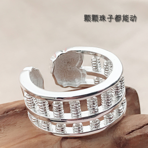 新款S925纯银算盘戒指转运珠男女开口银戒子食指环个性网红潮人1D