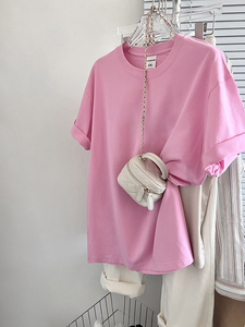 粉色短袖t恤女2024新款夏季潮牌大码宽松遮肚子上衣常规款纯棉体