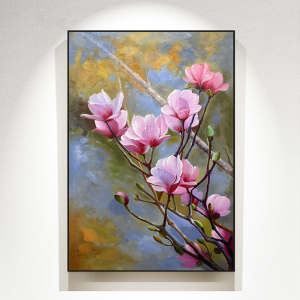 玉兰花 新中式纯手绘油画餐厅挂画卧室花卉装饰画玄关柜背景壁画