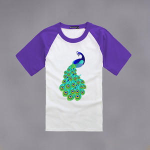 diy印花t恤女短袖2019夏季新款欧美孔雀图案弹力宽松飞飞袖上衣