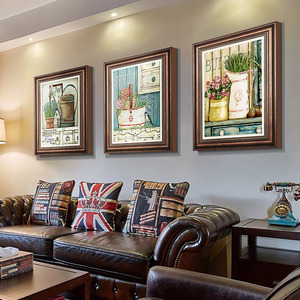 美式乡村装饰画客厅背景墙挂画卧室餐厅玄关欧式壁画三联复古油画