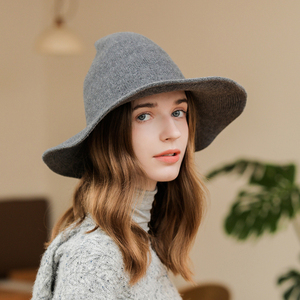 韩国女巫尖尖顶大檐沿毛线礼帽韩版秋冬帽子女针织巫师帽渔夫盆帽