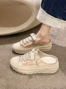 西班牙小众绸缎拖鞋女外穿2024年夏季新款厚底休闲小白半拖帆布鞋