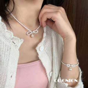S925纯银韩版小众设计感一颗珍珠蝴蝶结串珠项链手链组合百搭气质