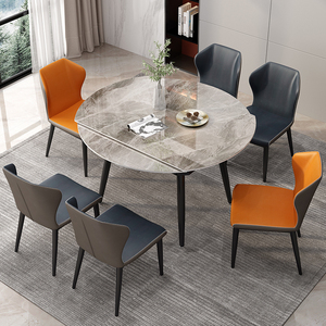 岩板伸缩餐桌现代意式轻奢风家用小户型旋转圆形方变圆餐桌椅组合