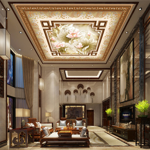 中式现代荷花图案天花板吊顶壁画 客厅无缝墙纸 酒店茶馆天顶壁纸