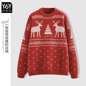 红色圣诞毛衣女秋冬季2024新款小鹿慵懒风宽松加厚设计感针织上衣