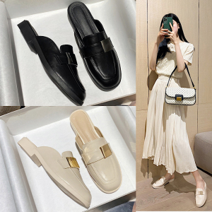 香港2022新款包头半拖鞋女夏平底百搭方头半托单鞋外穿时尚懒人鞋