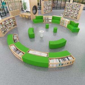 幼儿园简约异形沙发创意多功能书架图书馆阅览室弧形组合实木书柜