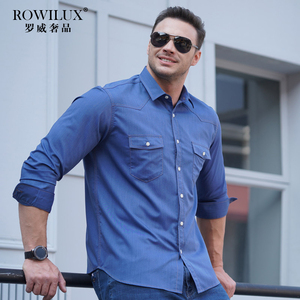 ROWILUX高端大码弹力牛仔长袖衬衣男春秋新款休闲时尚多口袋衬衫
