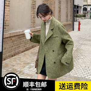 绿色短款双面羊绒大衣女2023冬季新款今年流行高级感西装毛呢外套