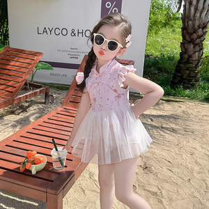儿童泳游衣女童夏季新中式连体泳装洋气甜美女孩温泉衣婴幼儿服装