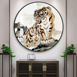 老虎挂画猛虎上下山入户玄关装饰画中式圆形招财镇宅客厅壁画轻奢