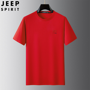 jeep吉普红色短袖t恤男士夏季新款宽松半截袖圆领休闲运动上衣男