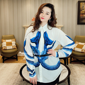 burberry巴宝莉9折美人鱼尾印花宽松显瘦真丝长袖衬衫女45678211