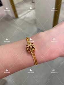 loewe罗意威9折英国代购女士金色立体logo纽扣银质双链手镯手链